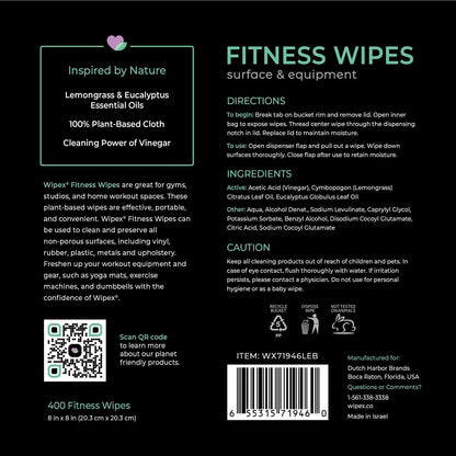 Wipex Yoga Mat Cleaner Wipes, EWG Verified, 400 Ct Plant-Based Lemongrass, Eucalyptus & Vinegar Wipes for Gym & Fitness Equipment & All Purpose Gym Cleaning - Safe for Peloton Bikes & Treadmills