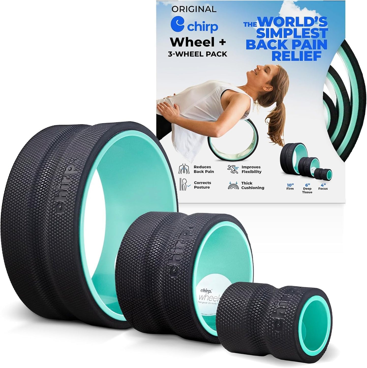 Chirp Wheel Foam Roller – Targeted Back & Neck Relief, Lumbar Spine Stretcher, Spinal Decompression Back Stretcher, Massage Roller with Density Foam for Physical Therapy, Supports 500lbs, 4-Pack Black