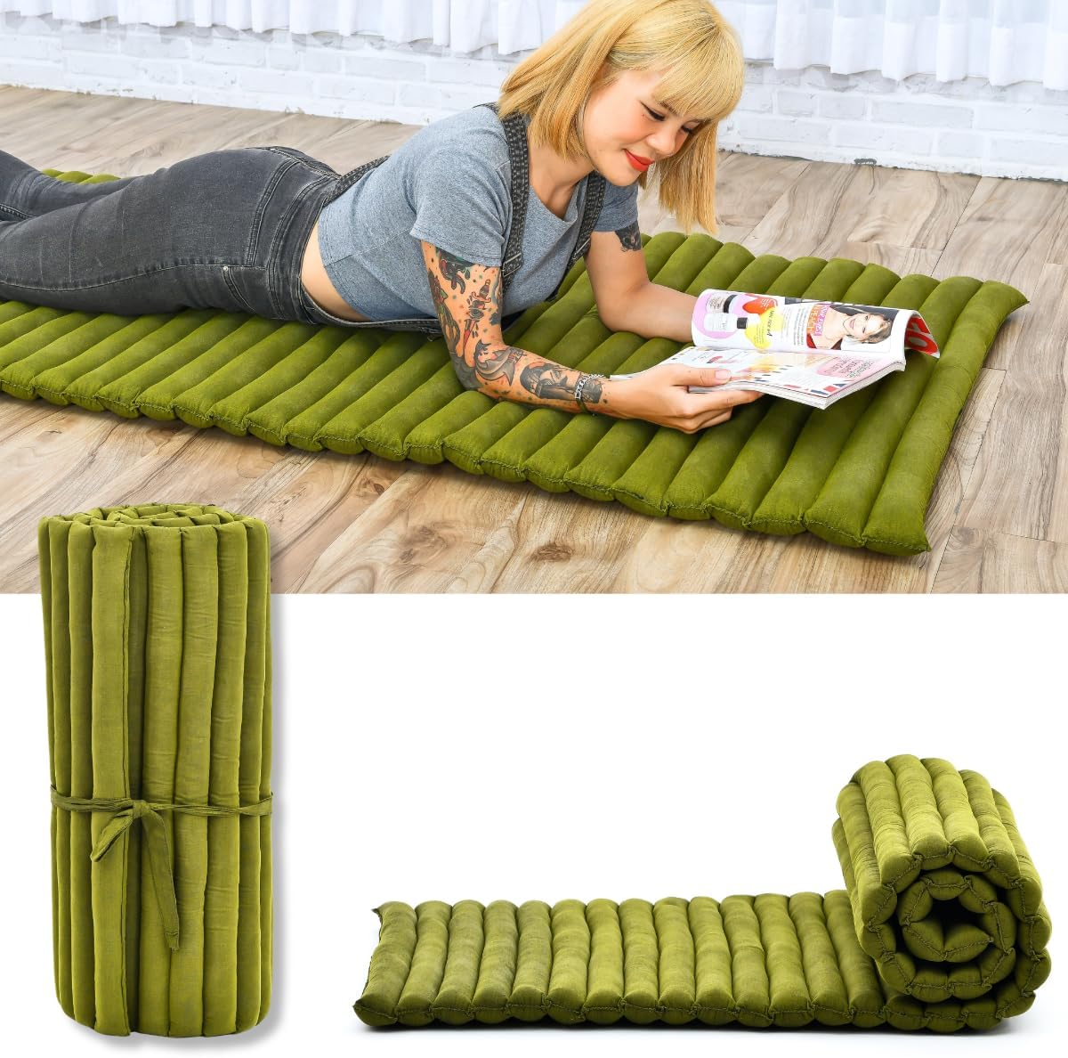 Leewadee - Kapok Roll Mat – Handcrafted Folding Sleep & Relaxation Mattress from Thailand, Ideal as Guest Bed, Camping Mat, Yoga Mat or Traditional Futon, 75 x 39 inches, Anthracite