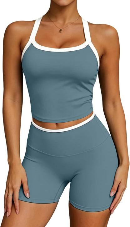 UOUA Womens Workout Set 2 Piece Gym Outfit High Waisted Tummy Control Shorts Halter Padded Sports Bra Tank Athletic Yoga Wear