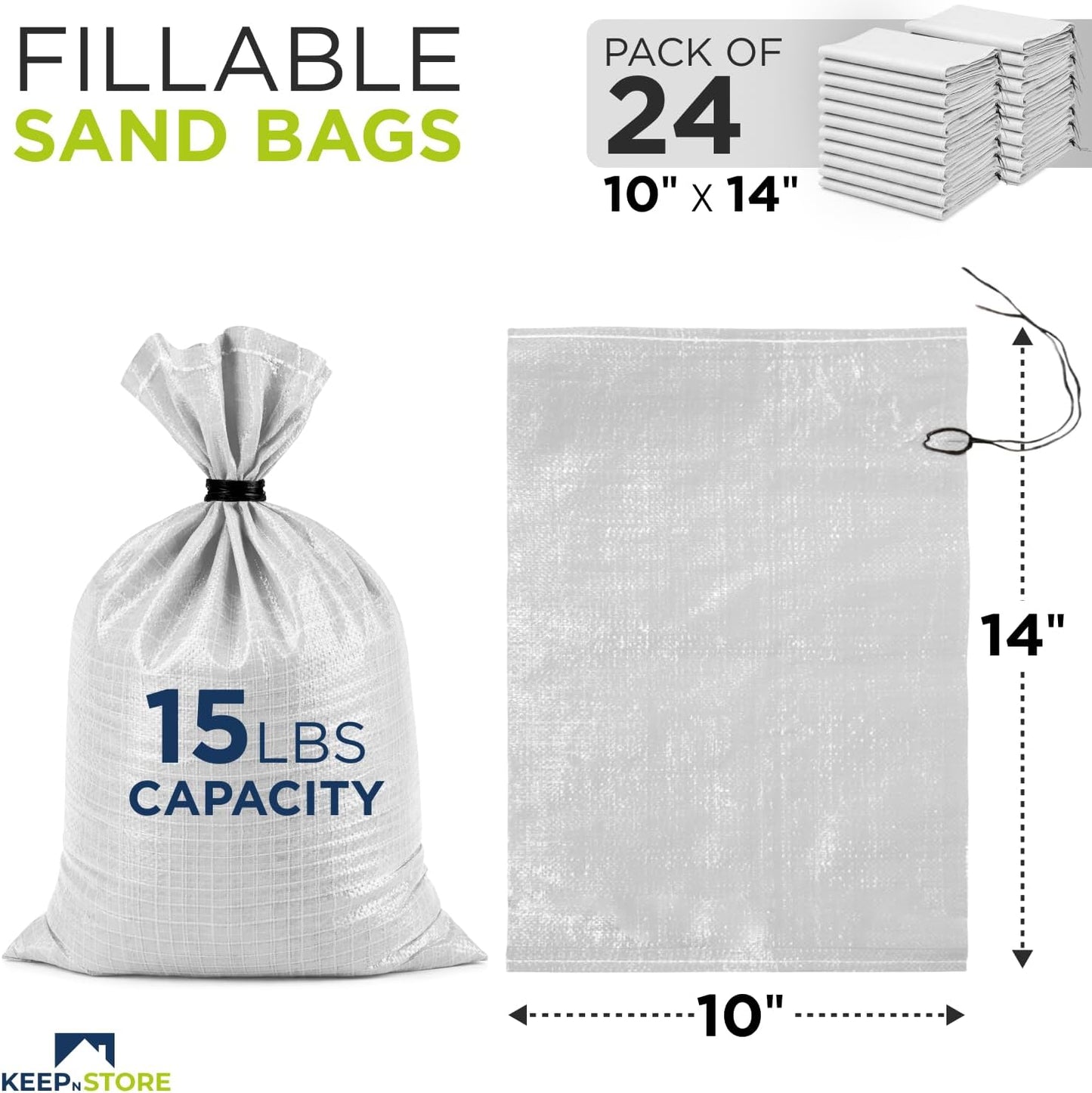 Heavy Duty Sand Bags Pack of 3, White Empty Sandbags with Built-In Ties, Woven Polypropylene UV Protection 1600 Hours, Fillable Sand Bags for Flood Control, Weight, 10x14 inches, 15 Pounds Volume