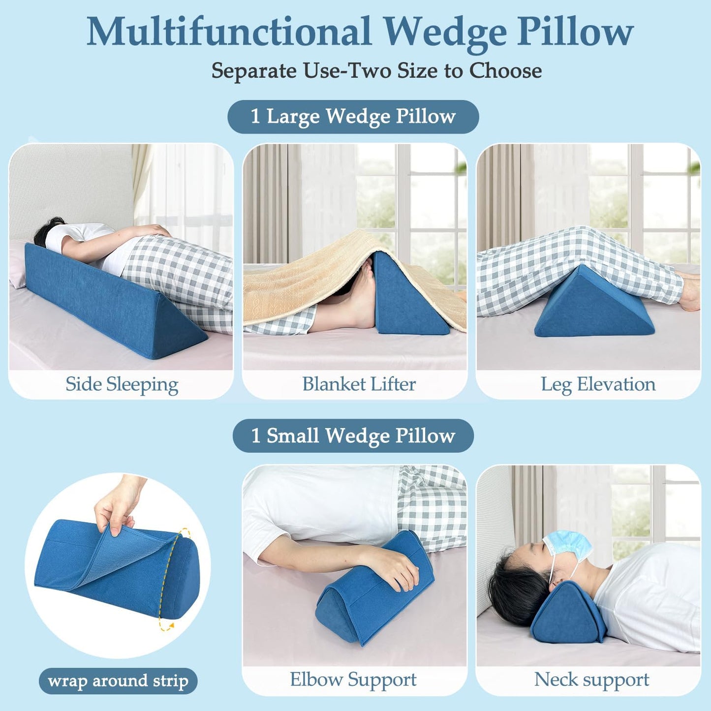 Bed Wedge Pillow For Sleeping Seniors Post Surgery Incline Pillow Bedsore Pressure Relief Cushions For Butt Lifting Patient Turning Triangle Foam Wedges For Bed Positioning Body Back Support (Blue)