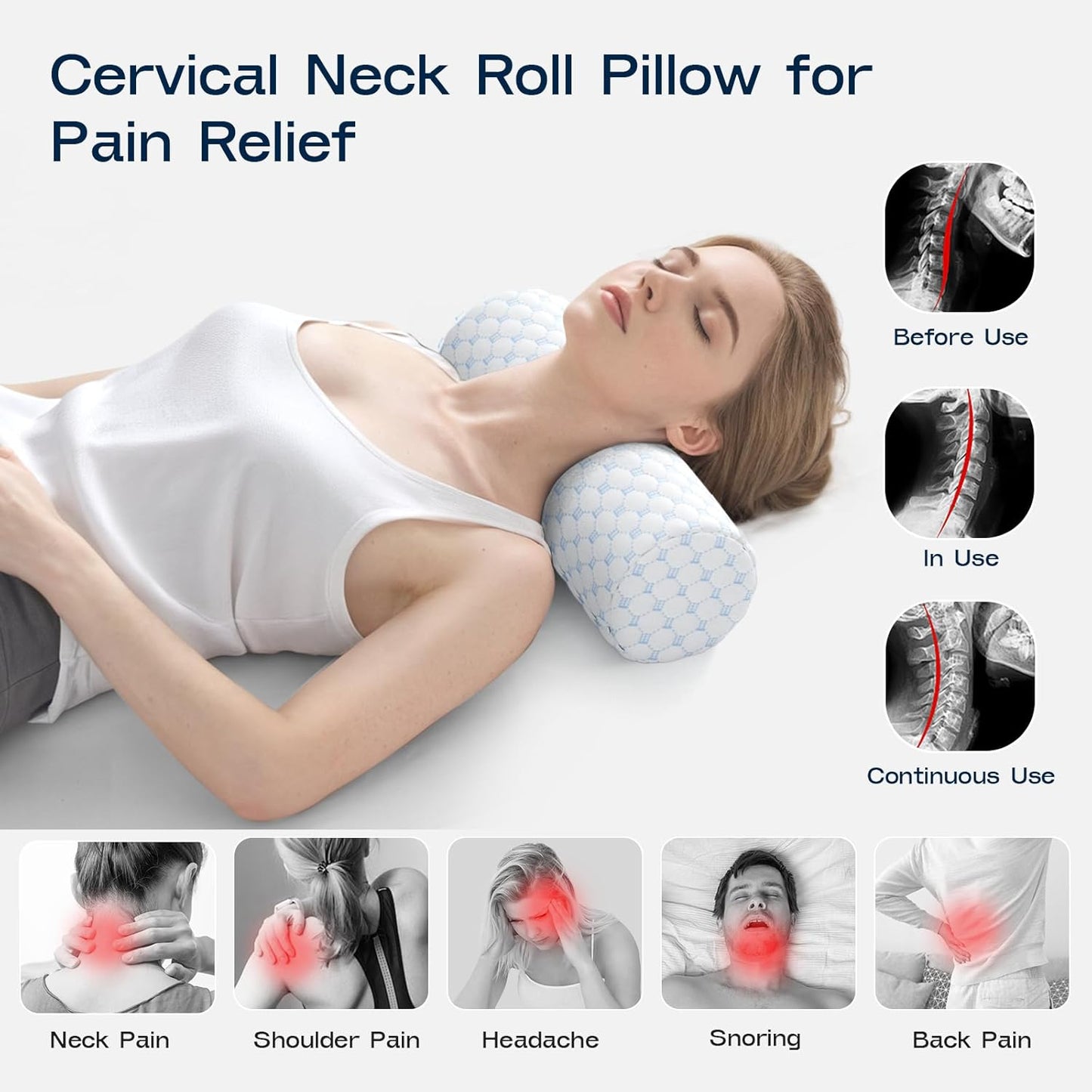 Neck Roll Pillow, Memory Foam Neck Support Pillows, Round Neck Pillows, Cylinder Bolster Pillows for Bed, Couch, and Yoga, Removable Washable Cover,18 * 4.1 * 4.1inch (Cool-Blue)