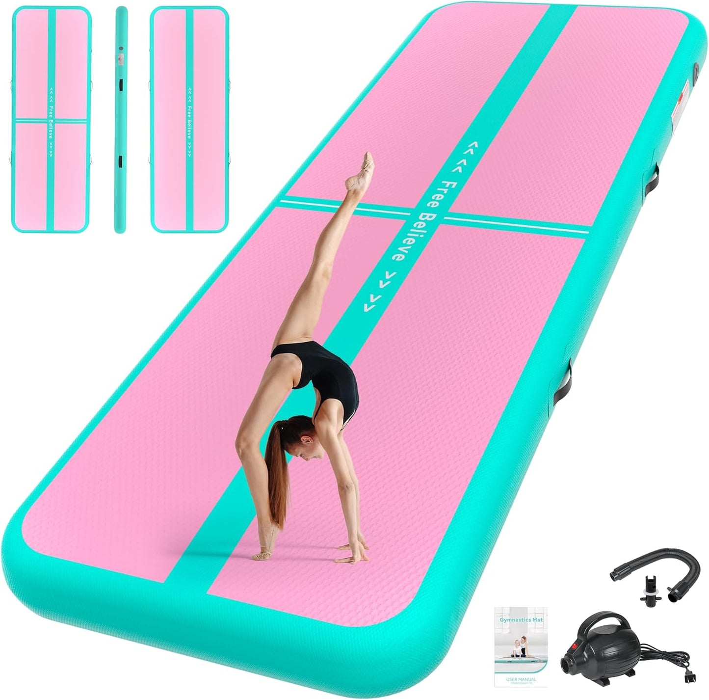 Pink Gymnastics Mat Inflatable Tumble Track Mats 10/13/16/20ft Training Mats for Home Air Mat for Kids with Pump 4”/6” Thick for Cheerleading/Yoga/Exercise/Parkour/Beach/Park/Water