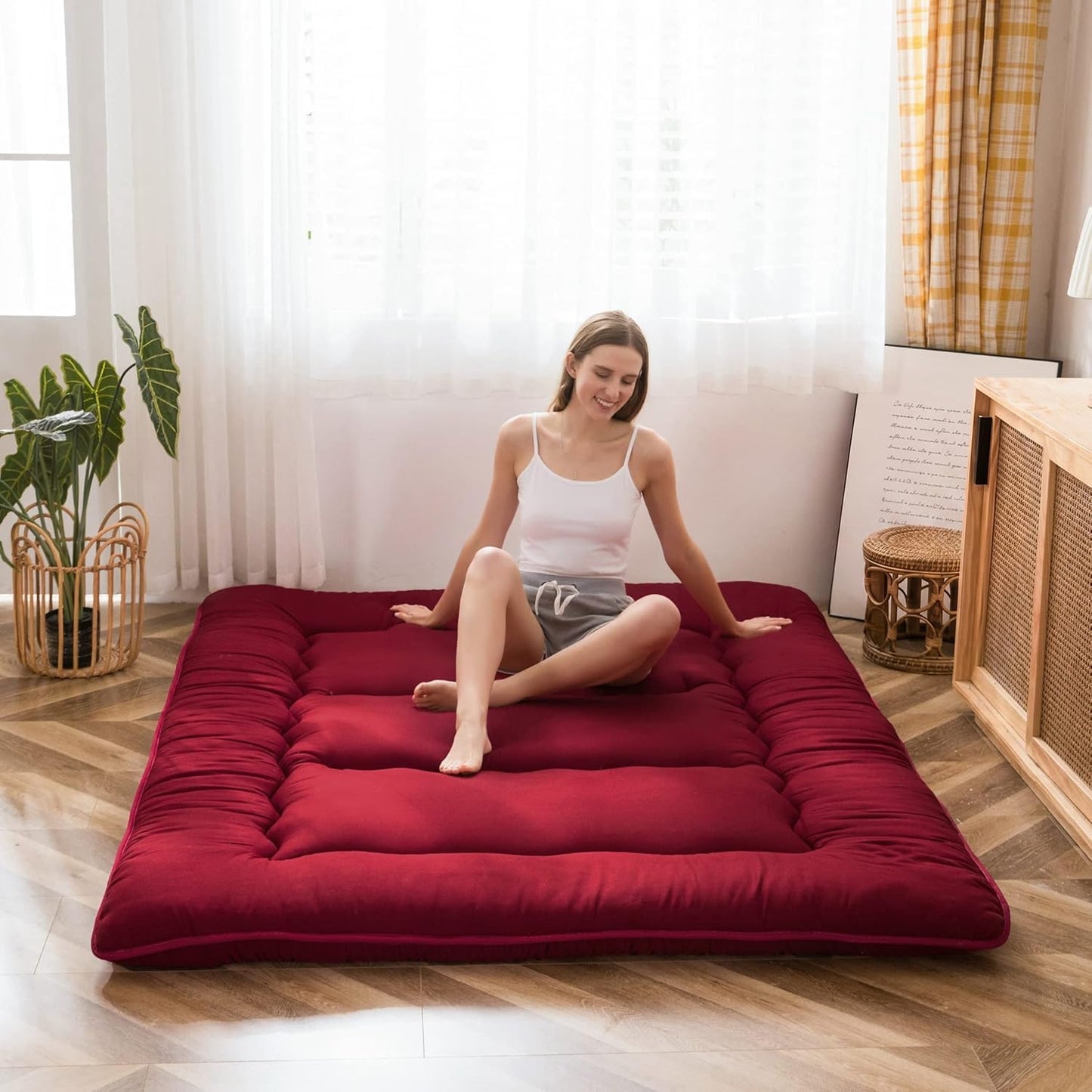 MAXYOYO Bohemian Retro Mattress Boho Floral Japanese Futon Mattress Tatami Floor Mat Foldable Portable Camping, Sleeping Pad, Lounger Couch Bed Full Size