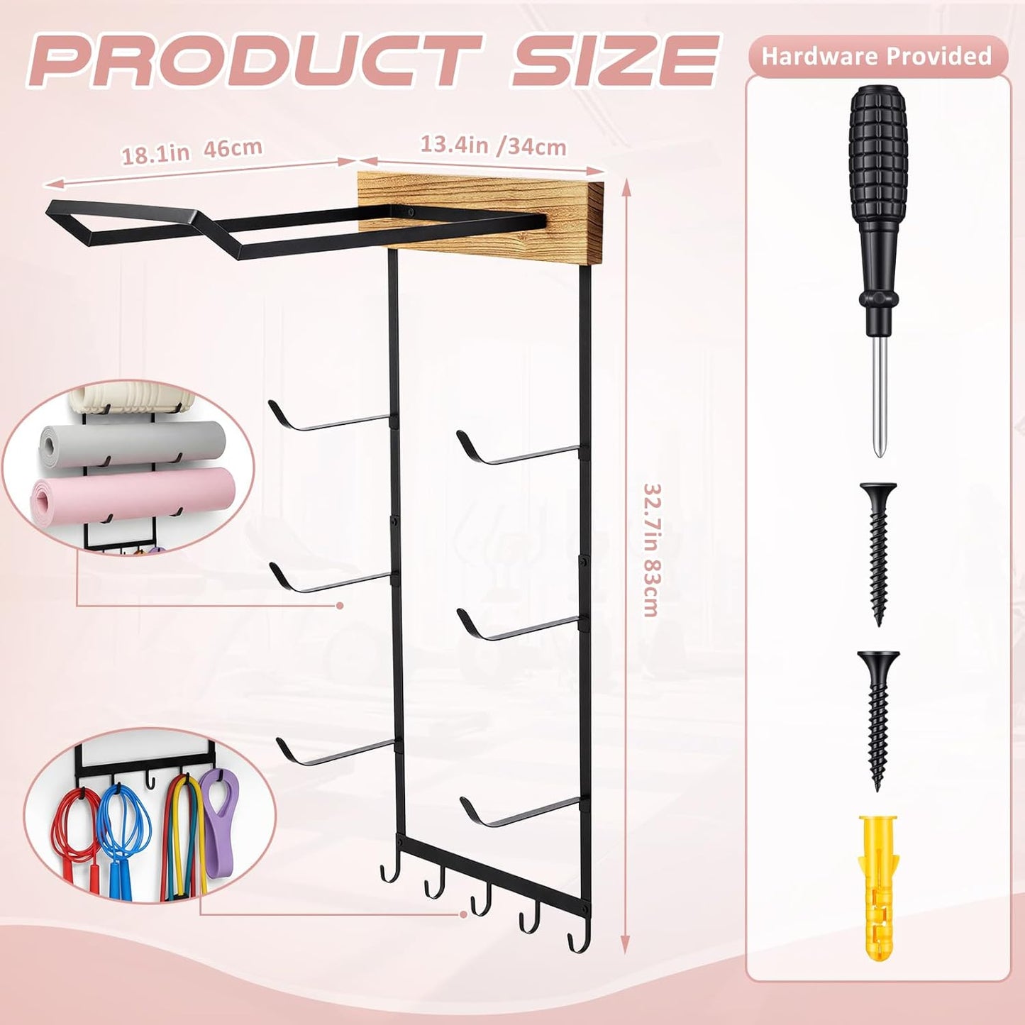 Geelin Yoga Mat and Ball Holder Wall Mount, 4-Tier Yoga Mat & Ball Storage Rack, Home Gym Organizer, Black Metal Floating Shelf for Hanging Foam Rollers & Resistance Bands(5 Hooks Style,Wood Color)