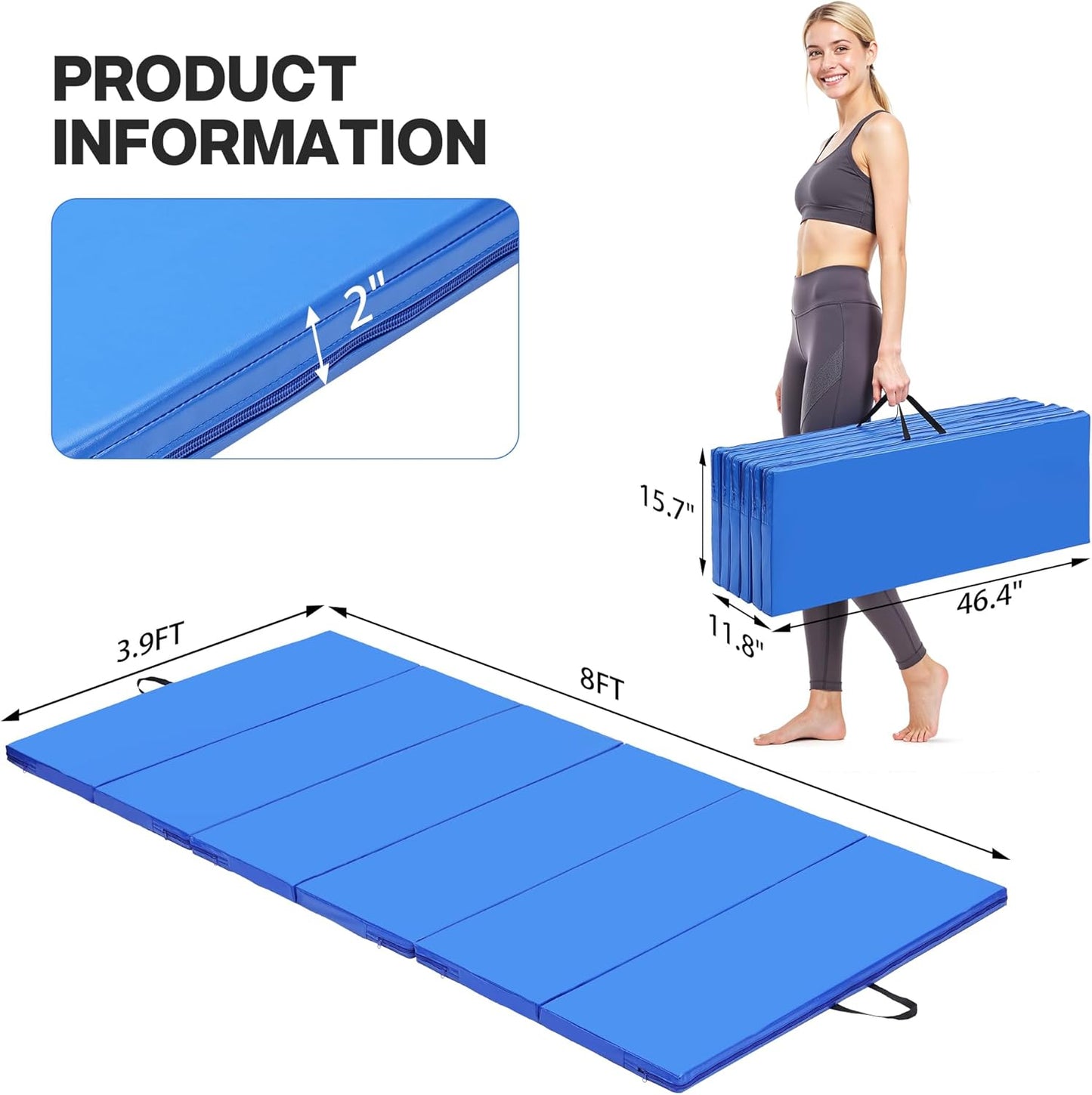 Outdoor Basic 6'x3'x2'' Gymnastics Mats Portable 4-Fold Tumbling Mat Thick Yoga Mat with PU Leather & Carry Handle for Home Workout, Yoga, MMA Core Training, Pilates