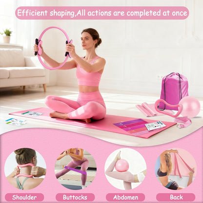 Pilates Kit for Women Pilates Equipment Ring and Ball Set Magic Circle Hoop with 5 Resistance Bands Compact Toning Fitness Essentials Starter Set Accessories with Exercise Guide