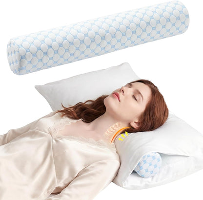 Neck Roll Pillow, Memory Foam Neck Support Pillows, Round Neck Pillows, Cylinder Bolster Pillows for Bed, Couch, and Yoga, Removable Washable Cover,18 * 4.1 * 4.1inch (Cool-Blue)