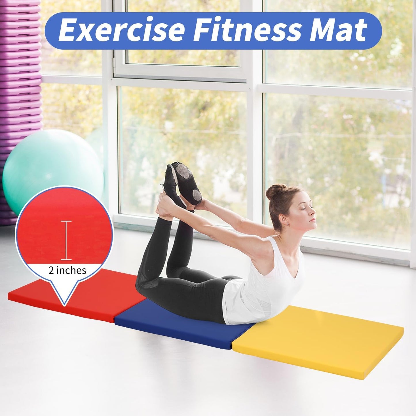 BLKMTY Gymnastics Mats - 2'x6' Folding Exercise & Yoga Mat with Carrying Handles for Kids' Tumbling & Home Gym