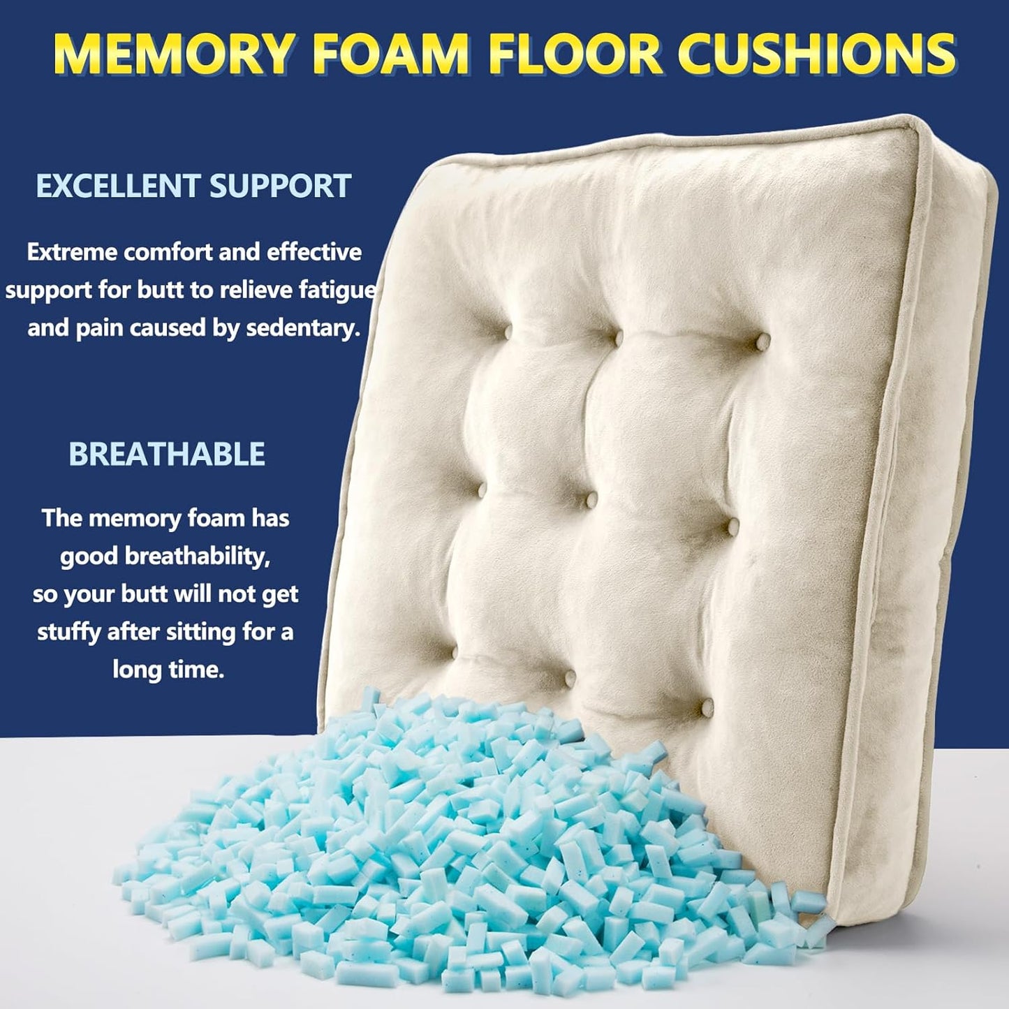 1 MIDDLE ONE Floor Pillow Set of 2, Memory Foam Meditation Cushion, Floor Cushions for Adults Sitting, Large Square Seat Cushions for Yoga, Living Room, 20x20 Inch (Grey)