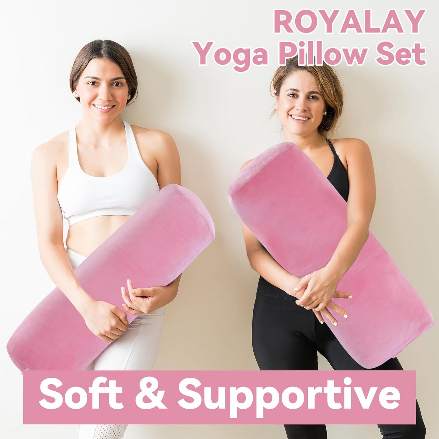 ROYALAY 2 Pcs Yoga Bolster Pillow for Restorative Yoga, Rectangular and Cylinder Meditation Pillow Set with Carrying Handles, Supportive Cushion for Exercise Workout Stretching Meditation,Dark Blue