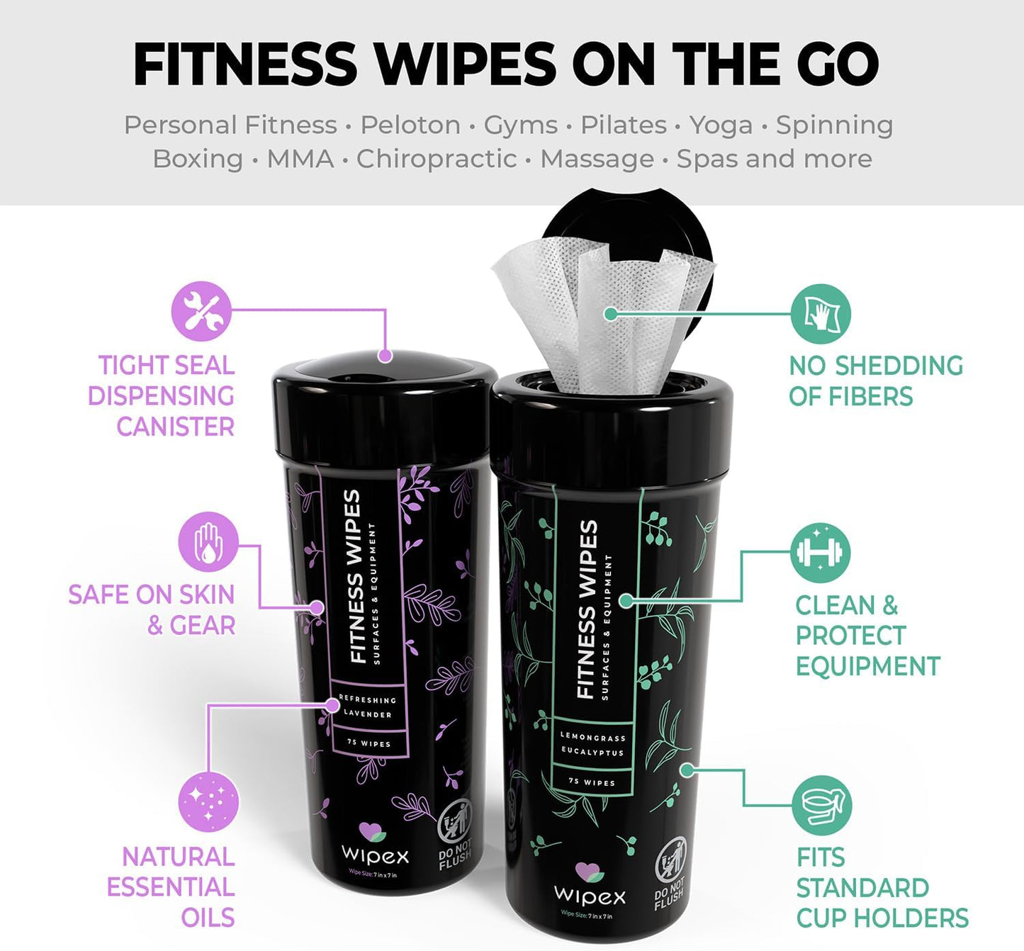 Wipex Yoga Mat Cleaner & Fitness Wipes - Natural Lavender & Vinegar Gym Equipment Cleaner - 75 Gym Wipes to Clean Yoga Mats, Spinning & Peloton Bikes, Weight Machines & Surfaces
