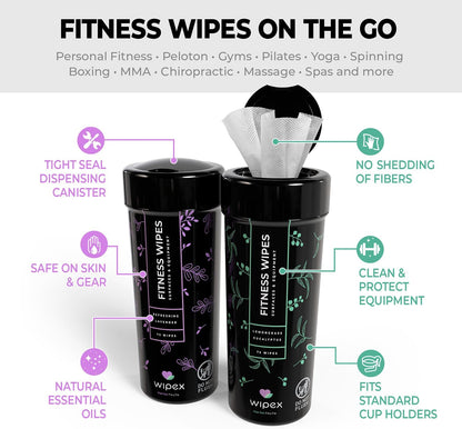 Wipex Yoga Mat Cleaner & Fitness Wipes - Natural Lavender & Vinegar Gym Equipment Cleaner - 75 Gym Wipes to Clean Yoga Mats, Spinning & Peloton Bikes, Weight Machines & Surfaces