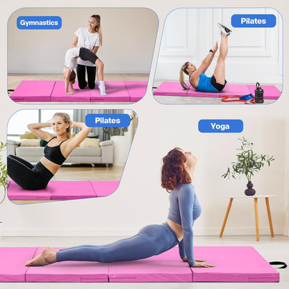 Outdoor Basic 6'x3'x2'' Gymnastics Mats Portable 4-Fold Tumbling Mat Thick Yoga Mat with PU Leather & Carry Handle for Home Workout, Yoga, MMA Core Training, Pilates