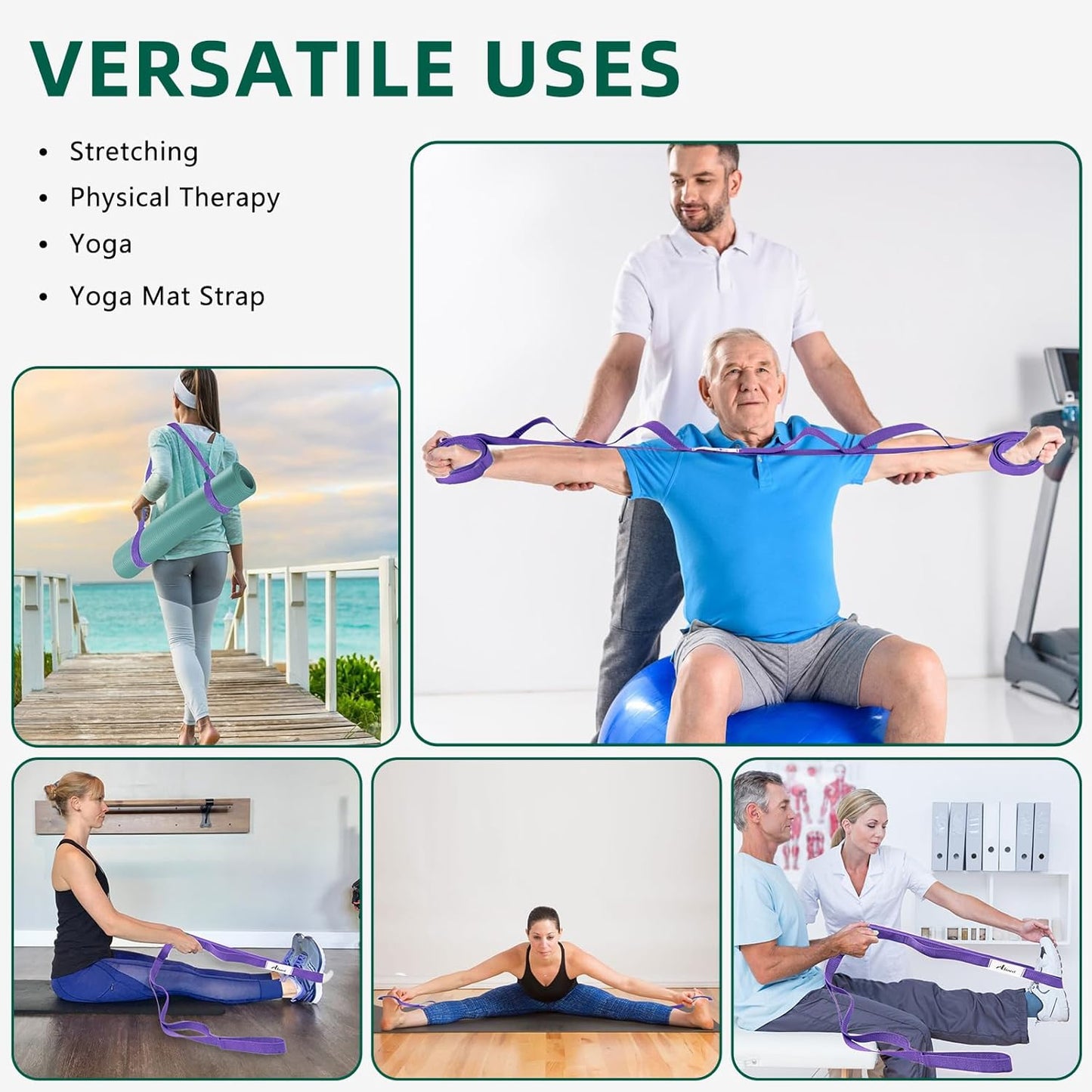 Abiarst Stretching Strap Yoga Straps for Physical Therapy, 10 Loops Non-Elastic Stretch Band for Pilates, Flexibility, Exercise and Gymnastics