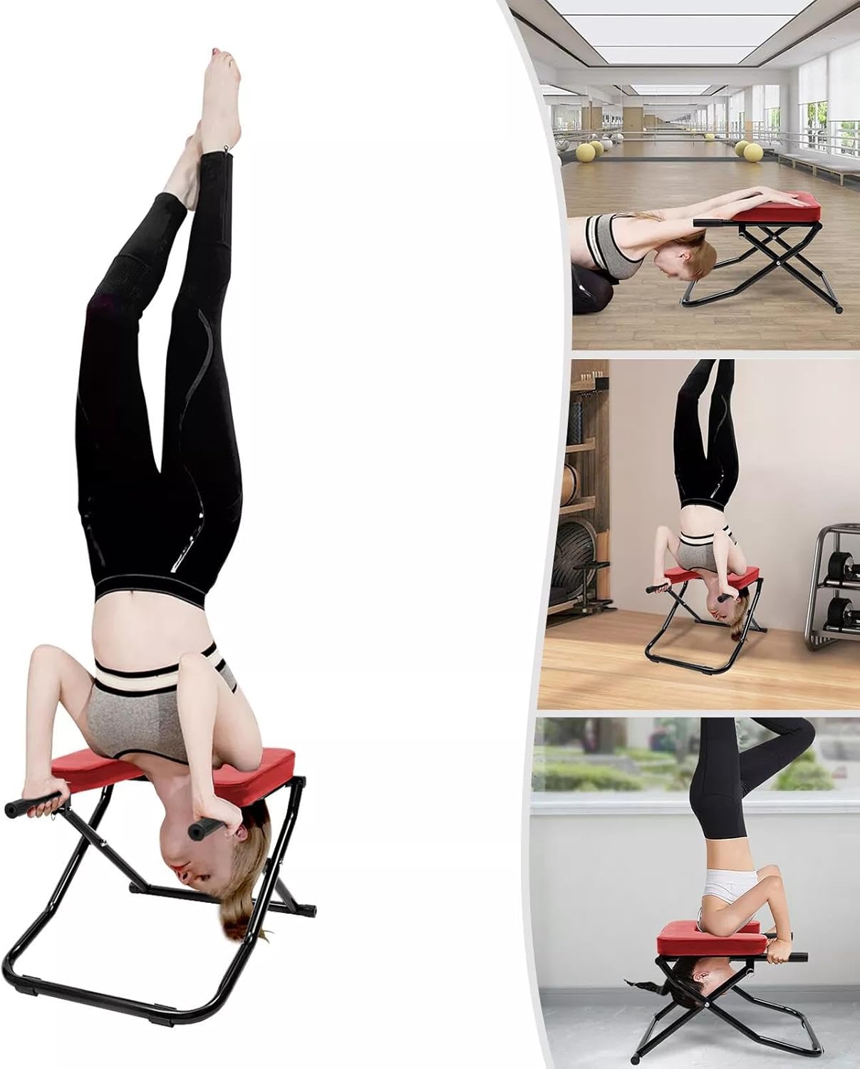 Yoga Headstand Bench Inversion Chair, Foldable Stand Inversion Stool Practice Head Stand Equipment Shoulderstand and Strength Training, Red