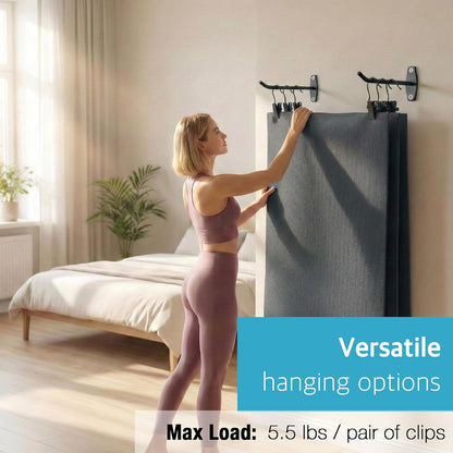 Yoga Mat Holder Wall Mount: Hanging Exercise Mat Rack - 2 Pack Heavy Duty Adjustable Hooks & 6 PCS Clips for Yoga Mat (<5.5lbs), Eyelet Mats, Foam Rollers & Gym Equipment Storage - Organizer for Fitness Workout