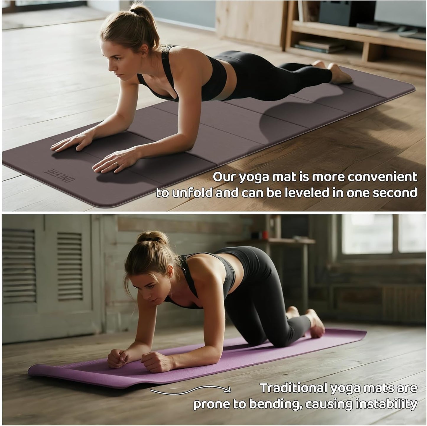 Foldable Yoga Mat Exercise Mat for Home Workout, Comfortable and Durable, 8mm Thick Portable Folding Mat, Non-Slip, Pilates Mat Thick, Outdoor Use, Meditation, Travel, Camping (71"x24" x 0.3") (Milk Coffee + Black) (Brown+Black)