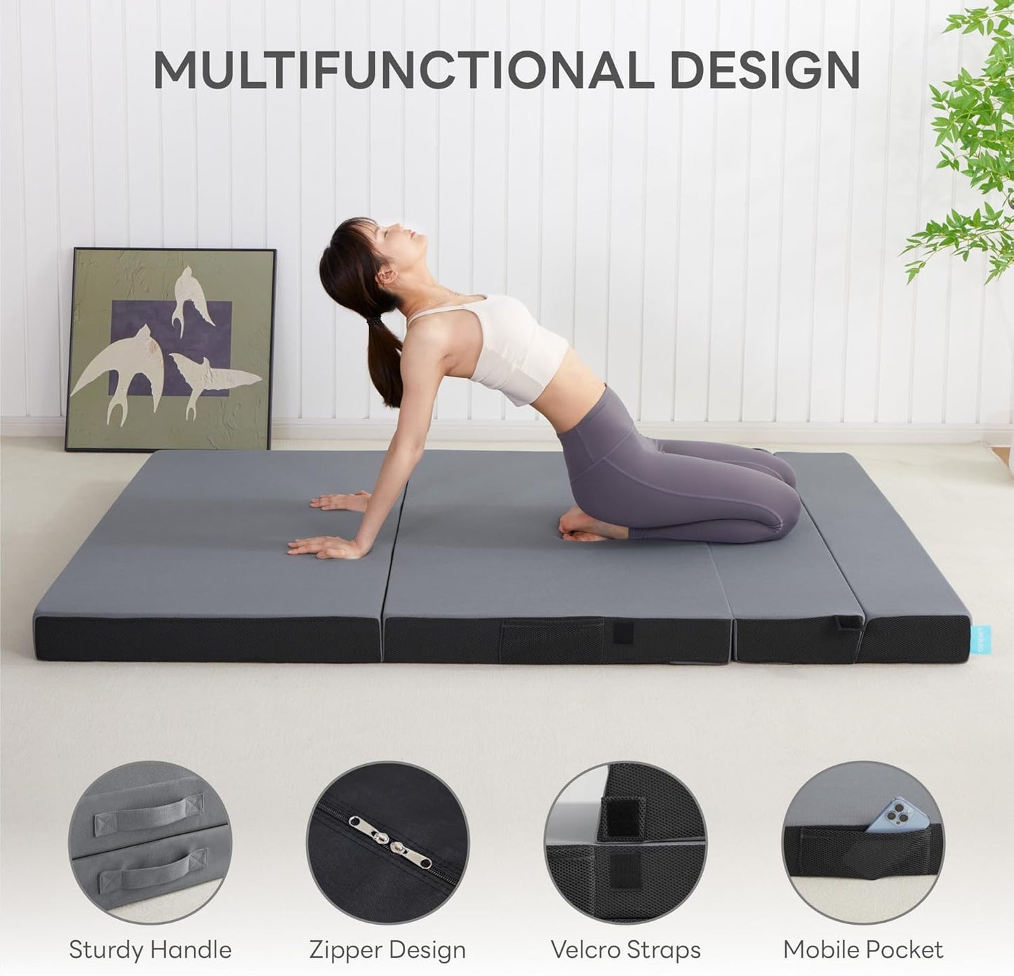 LIKIMIO Folding Mattress Queen, High Density Foam Mattress with Breathable and Washable Cover & Storage Bag, 4 Inch Foldable Mat Topper for Camping, RV and Yoga, Handle Design, Blue