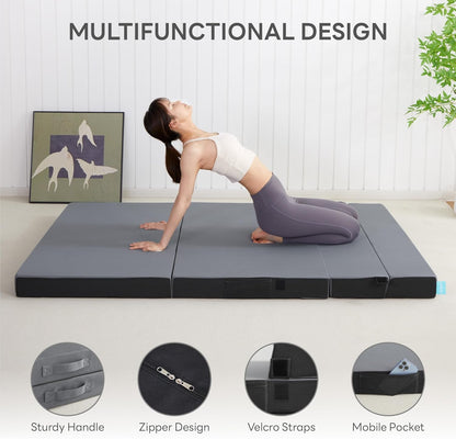 LIKIMIO Folding Mattress Queen, High Density Foam Mattress with Breathable and Washable Cover & Storage Bag, 4 Inch Foldable Mat Topper for Camping, RV and Yoga, Handle Design, Blue