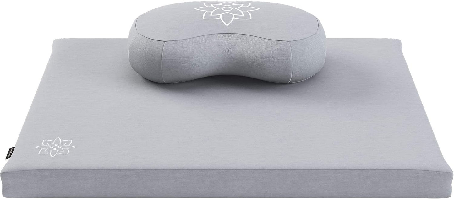 Mindful Modern Meditation Cushion & Zabuton Meditation Mat Bundle - 100% Cotton Meditation Cushion Set for Yoga - Buckwheat Crescent Shaped Zafu Floor Pillow Rectangular Mat - Slate Grey Color