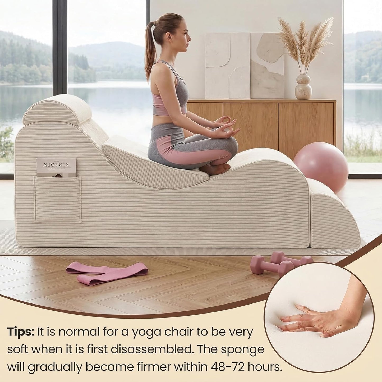 Yoga Chair Lounge for Adult, Ergonomic Foam Chaise Lounge Chair Indoor with Side Pocket, Headrest, Waist Pad, Ottoman, Perfect for Stretching, Massage, and Relaxation, No Assembly Required(Black)