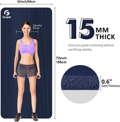 Gruper Yoga Mat Non Slip NBR Extra Thick Yoga Mat, 72"L x 32"/24"W x 0.6"/0.4"TH (185cm x 80cm/61cm x 15mm/10mm), Anti-Tear Exercise Mat with Carrying Strap and Bag, Workout Mats for Yoga, Pilates
