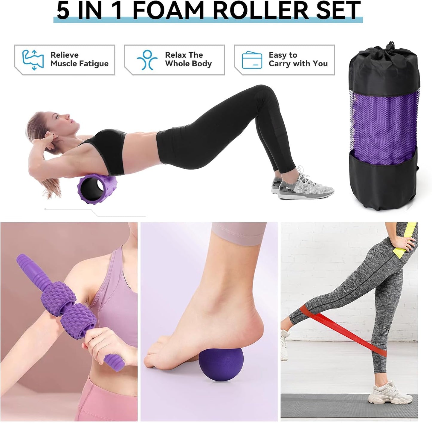5 in 1 Foam Roller Set, High Density Fitness Exercise Foam Roller for Deep Tissue Muscle Massage, Massage Roller, Massage Ball, Resistance Band, for Whole Body(Tiffany Green)