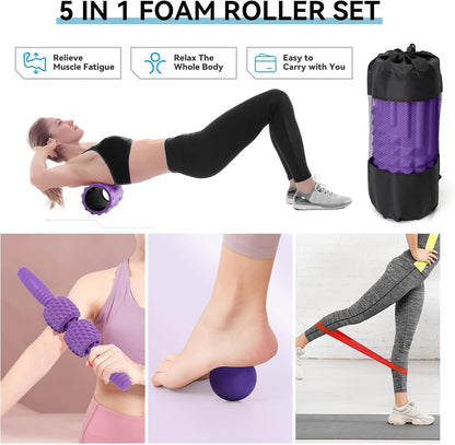 5 in 1 Foam Roller Set, High Density Fitness Exercise Foam Roller for Deep Tissue Muscle Massage, Massage Roller, Massage Ball, Resistance Band, for Whole Body(Tiffany Green)
