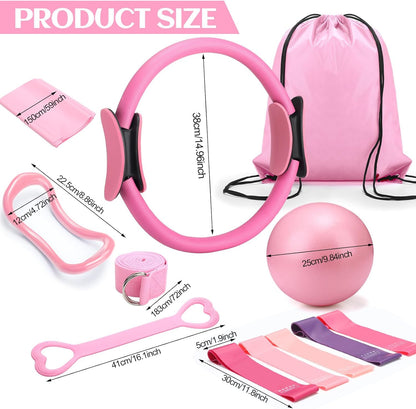 RoundFunny Set of 18 Pilates Ring Essential Kit for Women Pilates Ring and Ball Ankle Resistance Band Yoga Strap Socks Mat Arm Stretcher Latex Tube Gym Back Bag Exercise Equipment for Workout