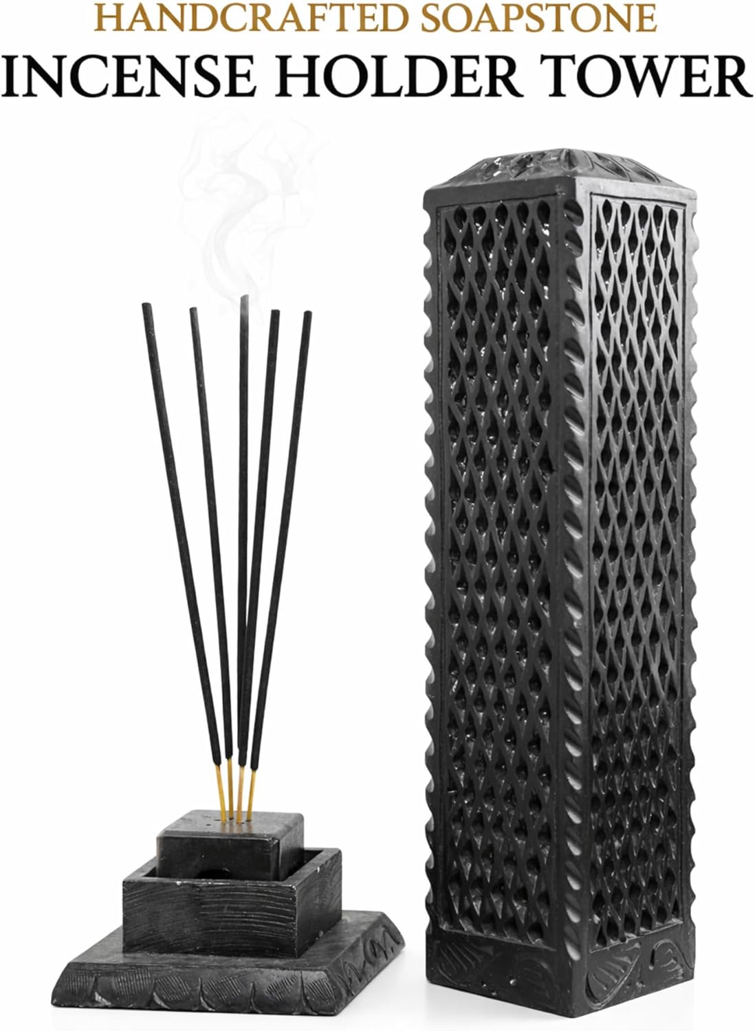 Handmade Marble Black Soapstone Incense Stick Burner | Candle Stick Holder | Tea Light Burner - Perfect Jaali Carving for Gifting. Decorative Home and Kitchen Decor (3 x 3 x 11 Inches).