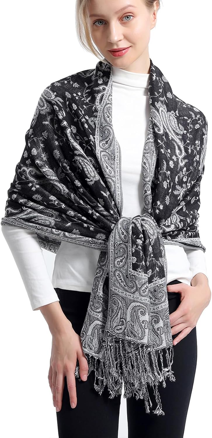 Ciormis Two Tone Silky Paisley Pashmina Shawl Scarf,Soft Women's Rave Jacquard Pashminas Wrap Scarves