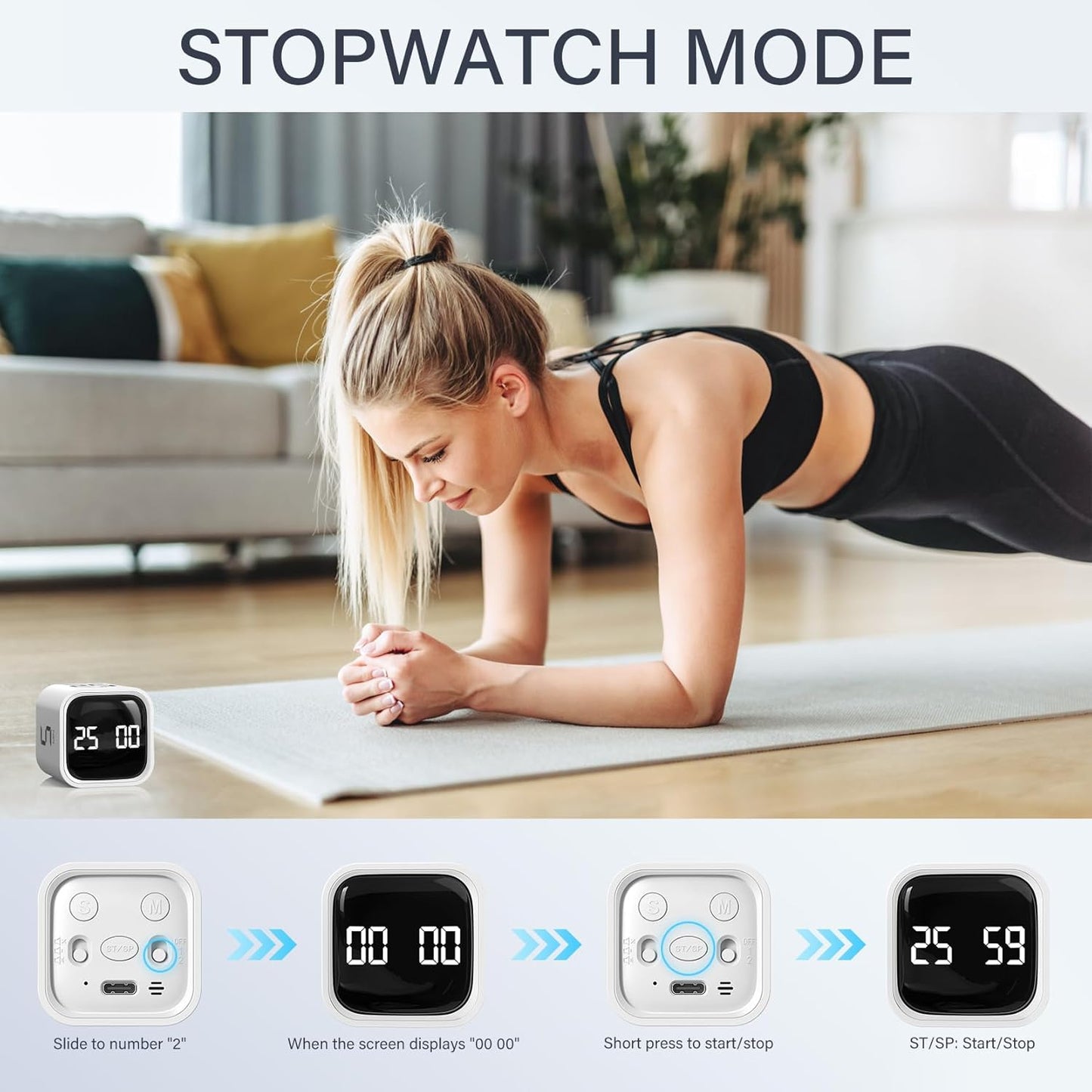 Rotating Pomodoro Timer 5, 25, 10 50 Minutes Preset, Desk Productivity Flip Timer, ADHD Tool Cube Countdown Stopwatch, Vibration/High/Low Volume/Custom Modes, for Work, Study, Back to School, Kitchen