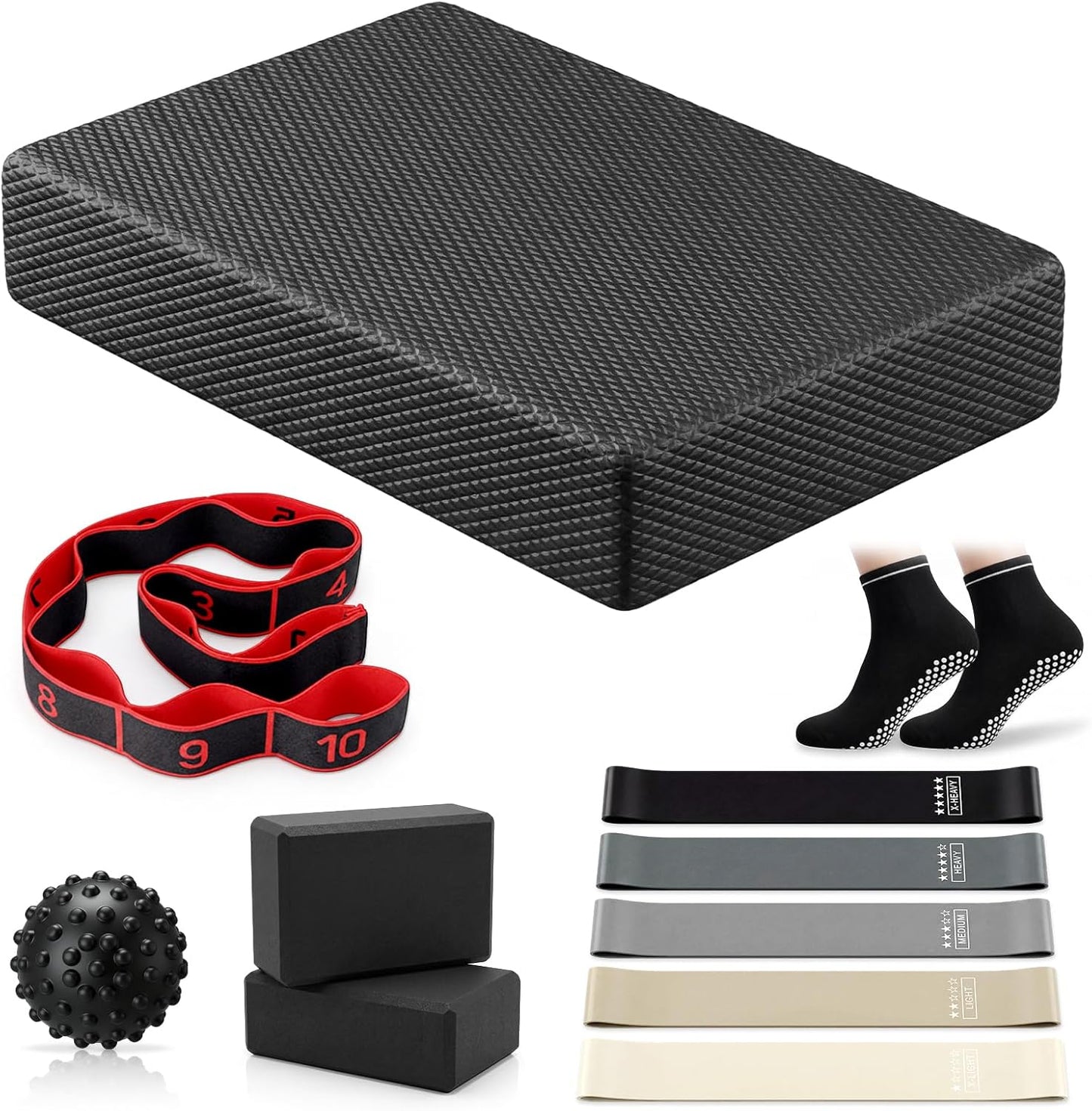Thenshop 11 Pcs Exercise Balance Pad and Yoga Kits for Home Workouts with Resistance Bands, Yoga Blocks, Stretch Strap, Massage Ball, Pilates Socks Fitness and Stability Training Physical Therapy