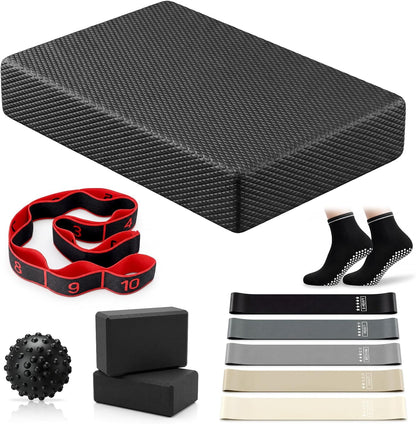Thenshop 11 Pcs Exercise Balance Pad and Yoga Kits for Home Workouts with Resistance Bands, Yoga Blocks, Stretch Strap, Massage Ball, Pilates Socks Fitness and Stability Training Physical Therapy
