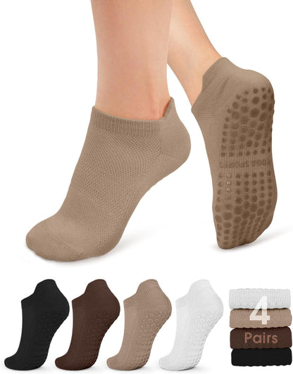 yeuG Pilates Socks for Women Non Slip Grip Socks for Yoga, Barre, Hospital, Barefoot Grippy Yoga Sock Womens Gifts 4 Pairs