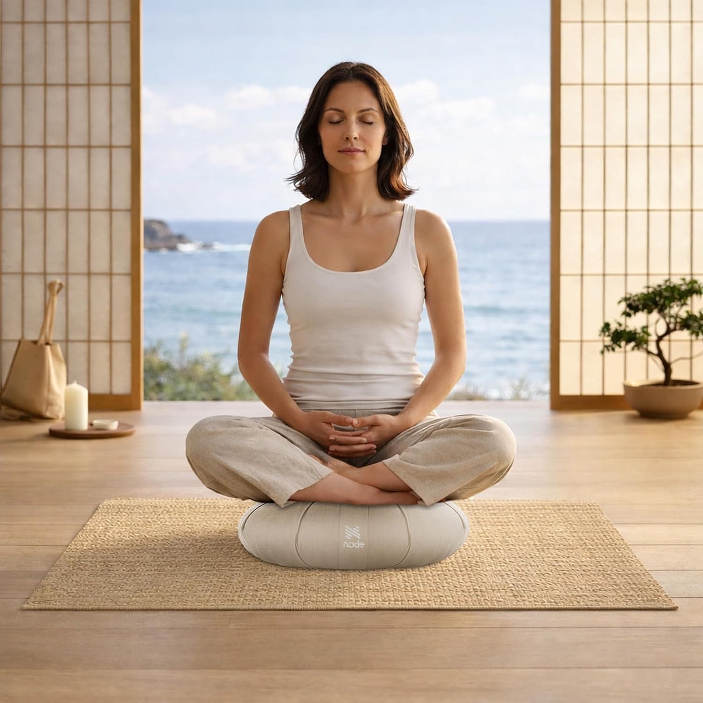Zafu Meditation Cushion, 15" Round Buckwheat Yoga Pillow with Organic Cotton Cover