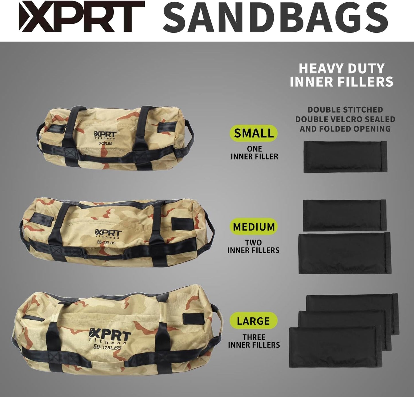 XPRT Fitness Workout Sandbag for Heavy Duty Workout Cross Training 7 Multi-positional Handles - Color Army Green/Black/Camo