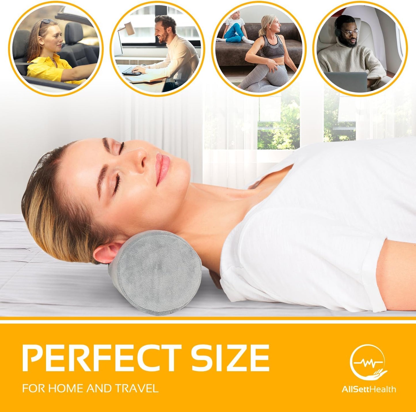 AllSett Health Round Cervical Roll Cylinder Bolster Pillow with Removable Washable Cover, Ergonomically Designed for Head, Neck, Back, and Legs, Grey | 13" X 5"