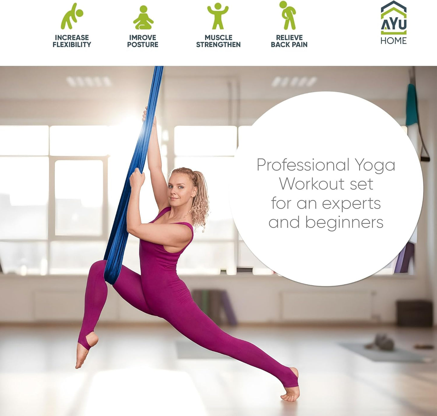 AyuHome Aerial Silks Kit for Home - Premium Yoga Swing for Kids and Adults with 660 lbs Capacity - Versatile Aerial Yoga Hammock for Gymnastics Training