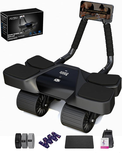 Ab Roller Home Gym Equipment – 4 Wheels Ab Wheel Muscle Roller with Automatic Rebound, Yoga Stretching Strap, 3 Resistance Bands – Comfortable Elbow Support with Non-Slip Handles – Built-in Workout Tracker