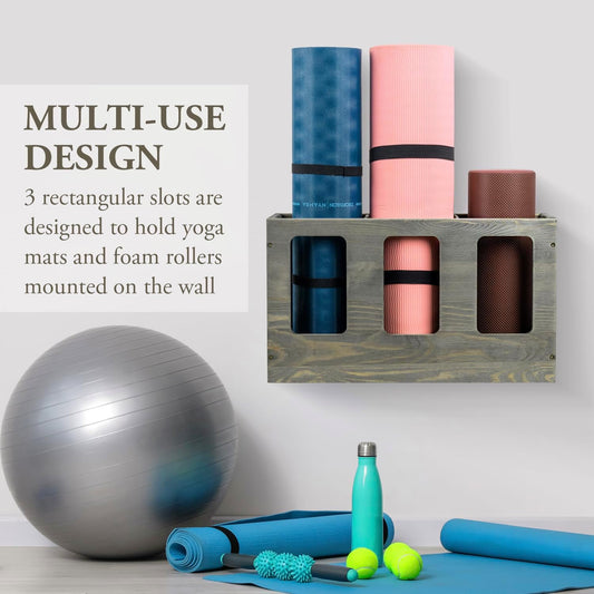 MyGift Wall Mounted Vintage Gray Solid Wood Yoga Mat Holder Fitness Gym Foam Roller Storage Organizer, Floor Standing Sports Exercise Mat Rack