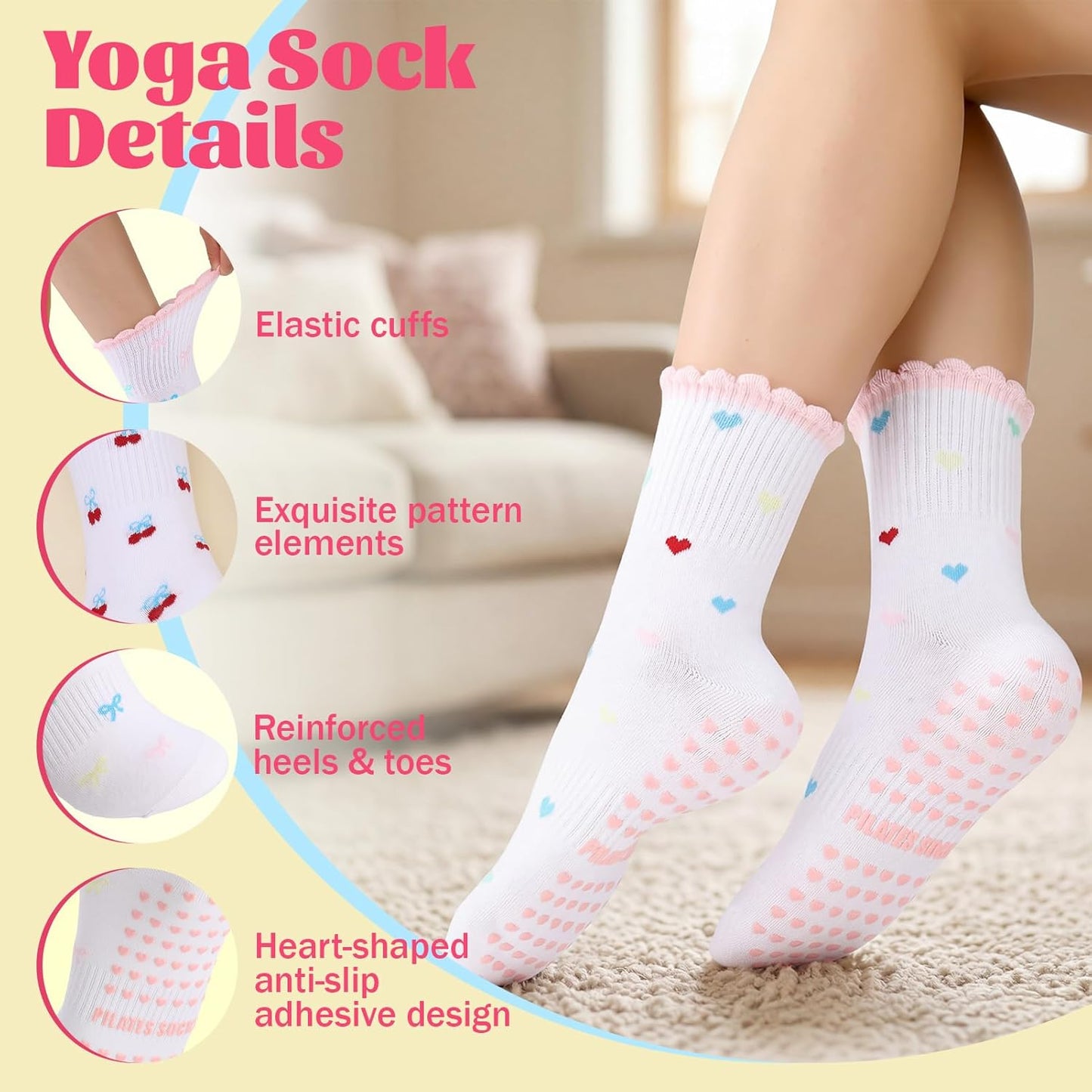 6 Pairs Women‘s Cute Pilates Socks with Grips - Non Slip Ruffle Yoga Sock, Breathable Cotton Grippy Crew Socks for Barre, Ballet, Yoga & Home Workouts