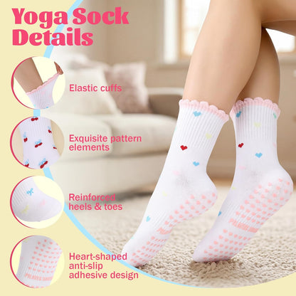 6 Pairs Women‘s Cute Pilates Socks with Grips - Non Slip Ruffle Yoga Sock, Breathable Cotton Grippy Crew Socks for Barre, Ballet, Yoga & Home Workouts
