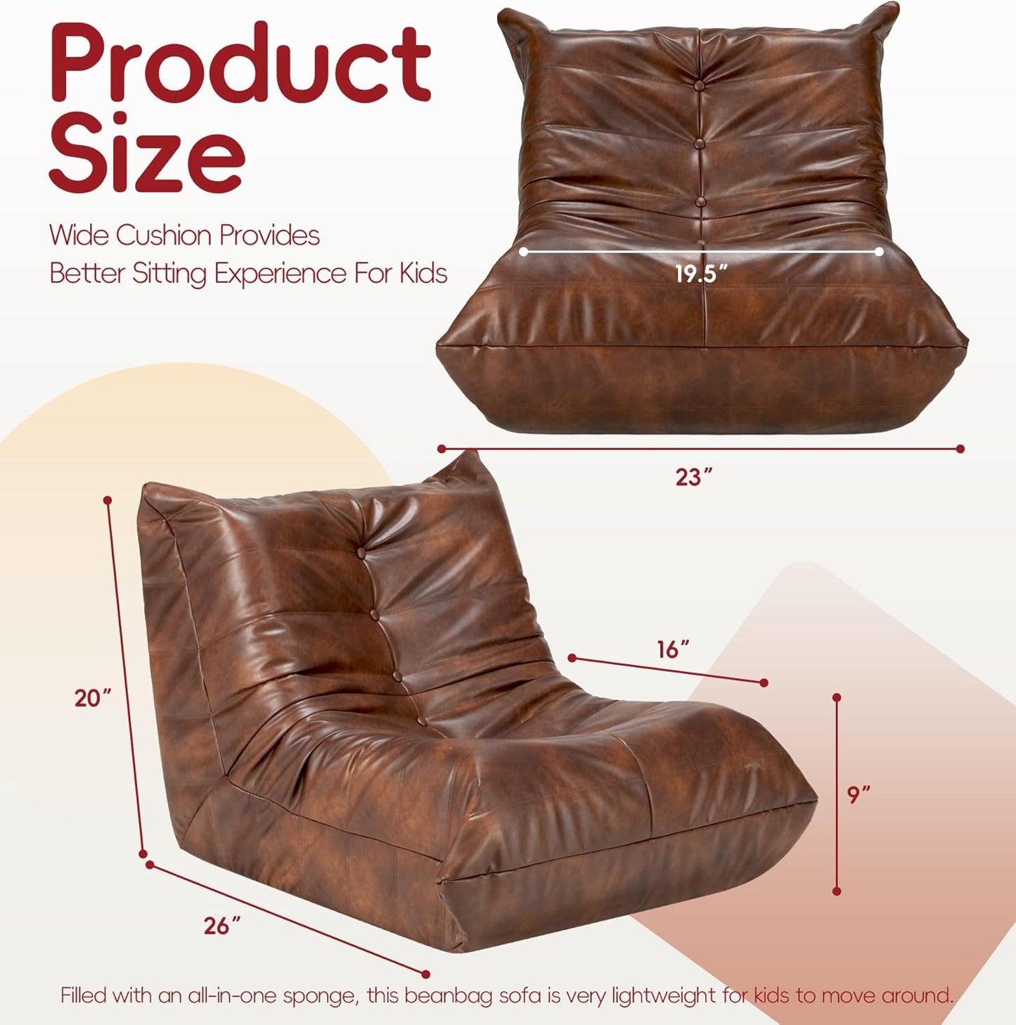 Hobestluk Giant Bean Bag Chair Lazy Floor Sofa, Memory Foam Fireside Sofa for Adults, Big Beanbag Faux Leather Armless Chair for Living Room Bedroom Dorm Office (Brown, Single)