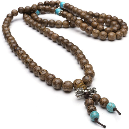 Top Plaza Unisex 108 Natural Wood 6mm 8mm Beads Bracelet Buddhist Rosary Mala Necklace(8mm Sandalwood Duobao)