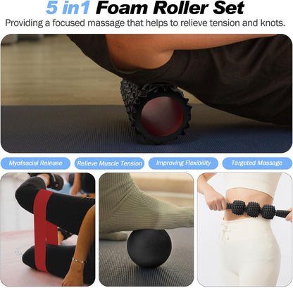 JOYENERGY 5 in 1 Foam Roller Set High Density Foam Roller Patented, Massage Stick, Massage Ball, Resistance Band for Deep Muscle Massage Pilates Yoga, Fitness for Trigger Point Release