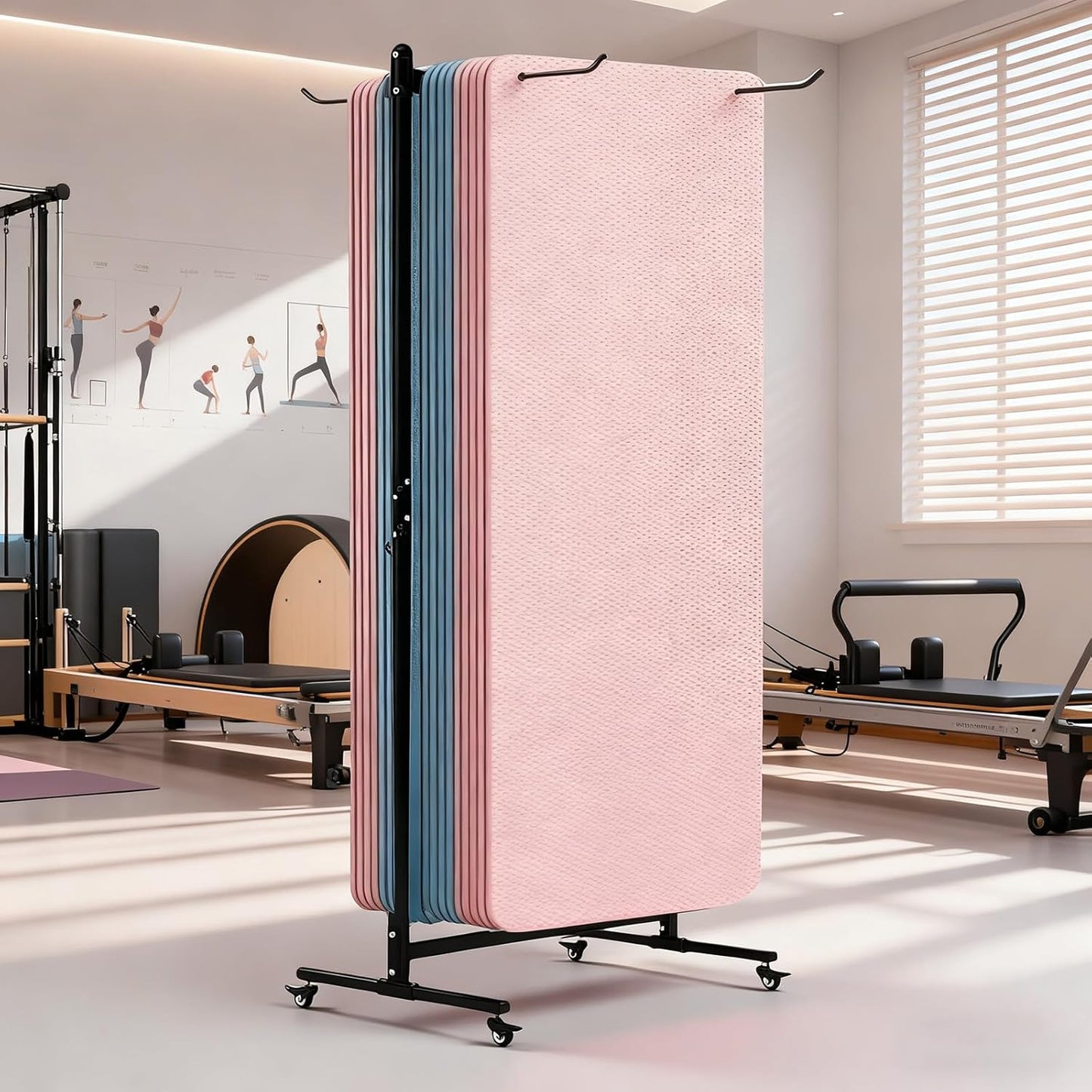 Yoga Mat Holder Hanging, Floor Rolling Yoga Mat cart, Large Capacity Storage Rack, with Includes hole punch, Metal square tube storage shelf for Home Gym, Fitness Club,Yoga Studio (Black)