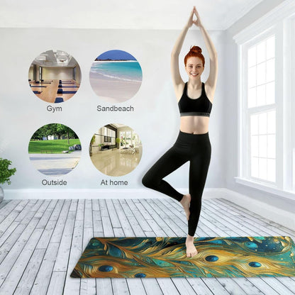 Green and Gold Peacock Feathers mat yoga for exercise printed, natural rubber non slip, yoga mat storage tapete para ejercicio 71x26 inches